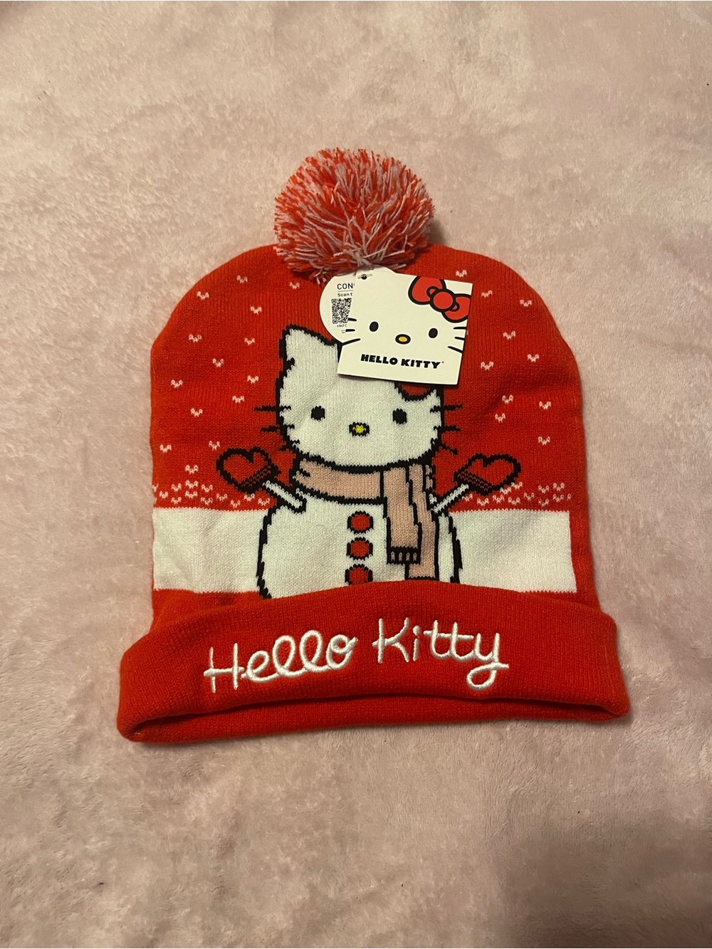 Hello Kitty Red & White Snowman Pom-Pom Beanie
